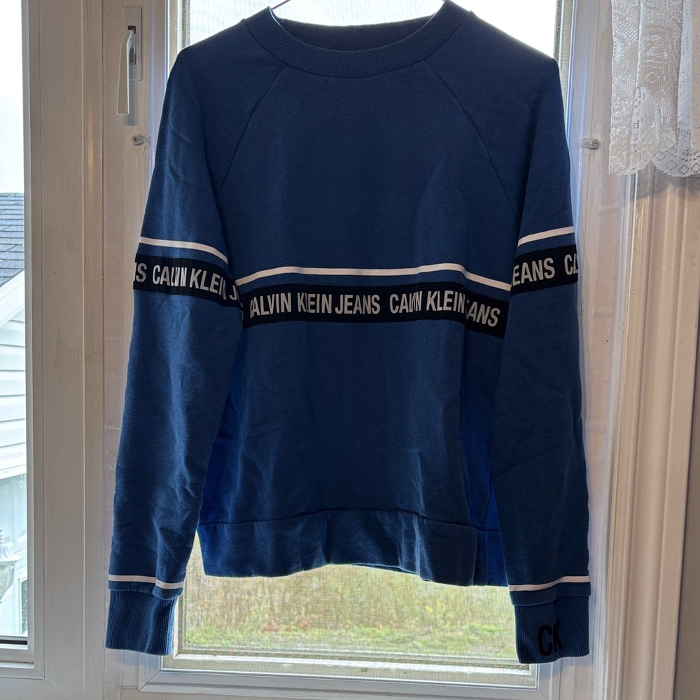 Calvin Klein Blue Sweatshirt with White and Black Stripes